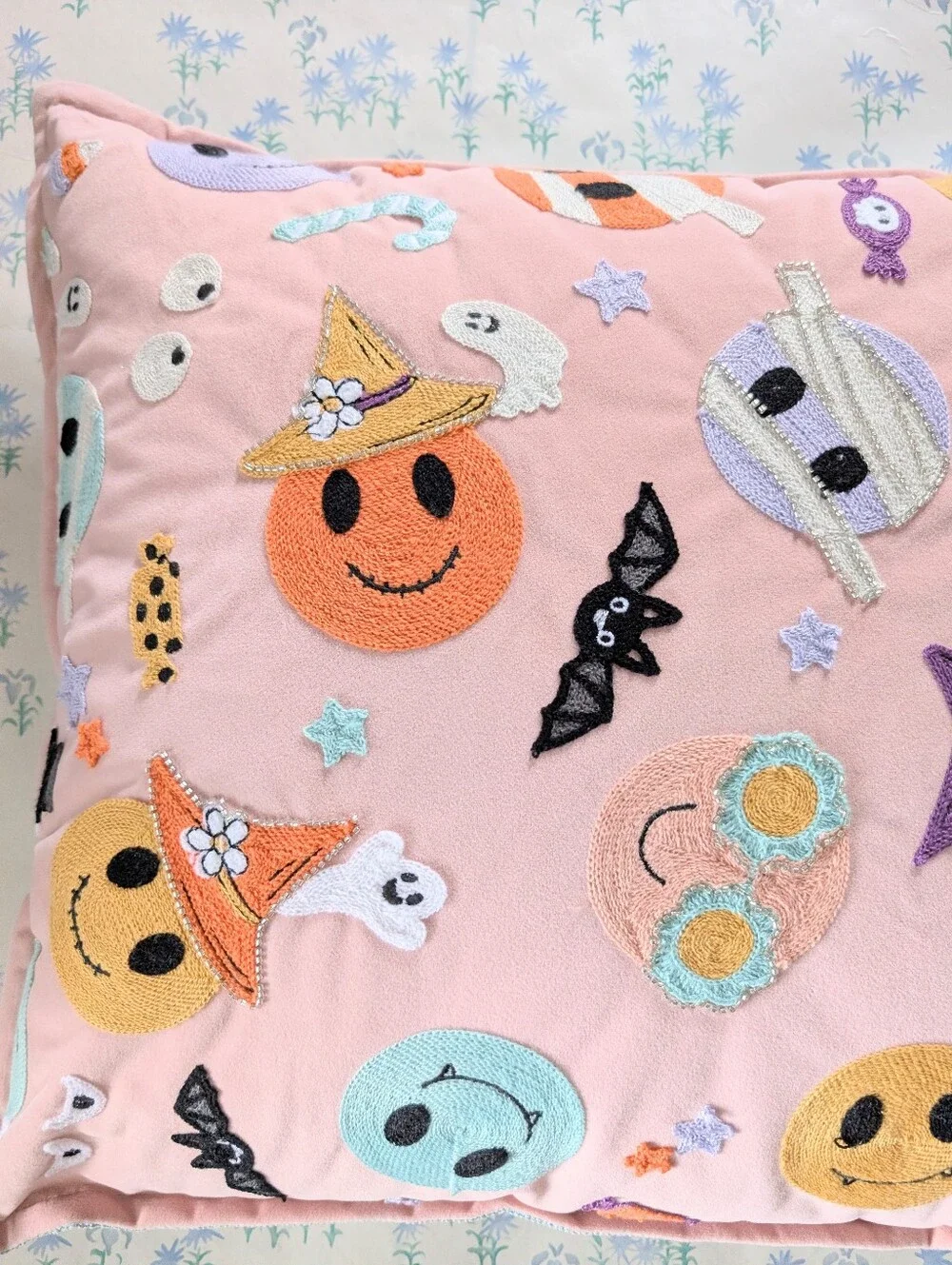 Lunaville Pastel Embroidered Halloween Pillow NEW 70s Groovy Retro Velvet Cute